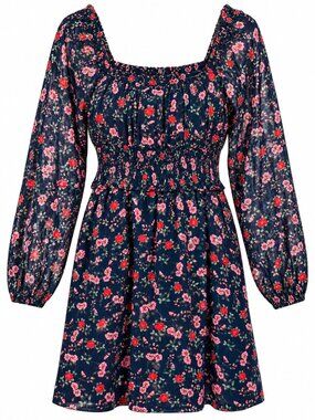 BP.Nordstrom Smocked Floral Mini Dress Womens L Navy Pink Puff Sleeve Cotton NWT
